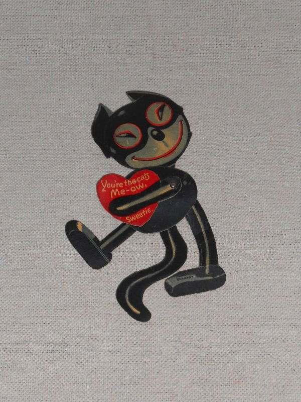 GERMAN FELIX THE CAT VALENTINE: German made cardboard poseable cut out Felix the Cat. 1920's die cut mechanical valentine.