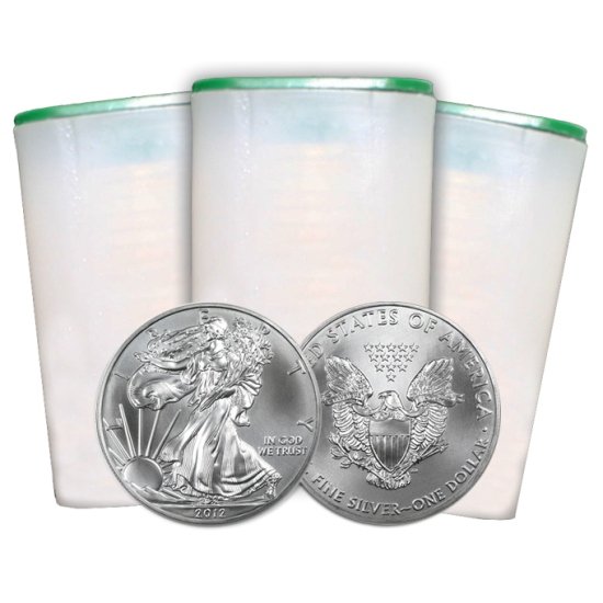 (60) 2012 BU Silver American Eagles: Brand New 2012 Silver American Eagle (Three Rolls of 20 coins ea.) by The United States Mint. Each Silver Eagle Coin Has a Legal Tender Value of $1 and Contains 1 Oz of .999 Fine Silver. Comes in Bril