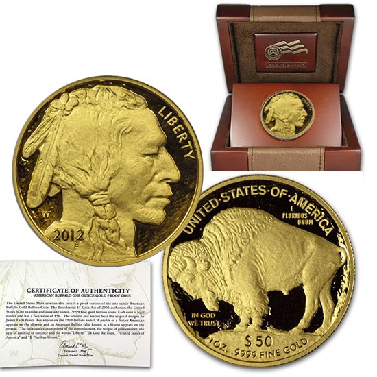 2012-W $50 Proof 24k Gold American Buffalo w/Box&CoA: Brand New 2012-W Proof Gold American Buffalo Bullion Coin by The United States Mint. The Proof Gold Buffalo Coin Has a Legal Tender Value of $50 and Contains 1 Oz of 24-Karat (.9999 Pure) Gold. Comes