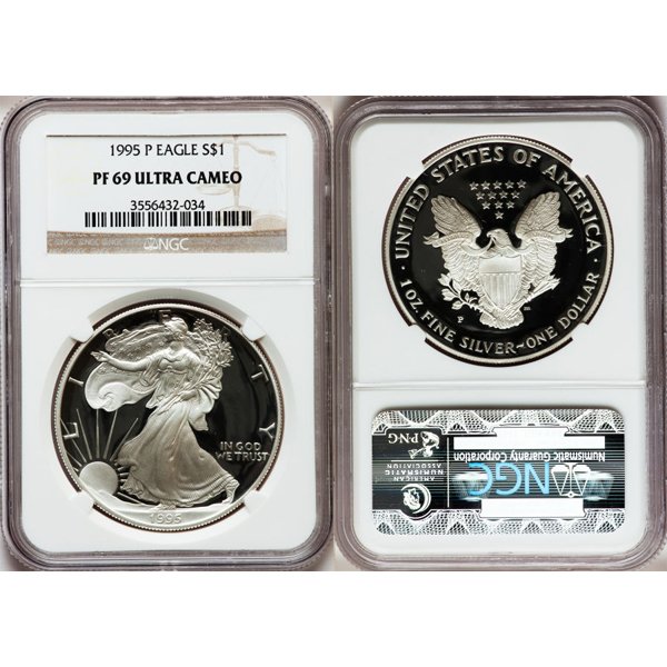 1995-P $1 1 Oz Proof Silver Eagle PF69 NGC: Ultra Cameo Coin! 1995-P PF69 NGC Proof Silver American Eagle Bullion Coin by The United States Mint. The Proof Silver Eagle Coin Has a Legal Tender Value of $1 and Contains 1 Oz of .999 Fine Silver.