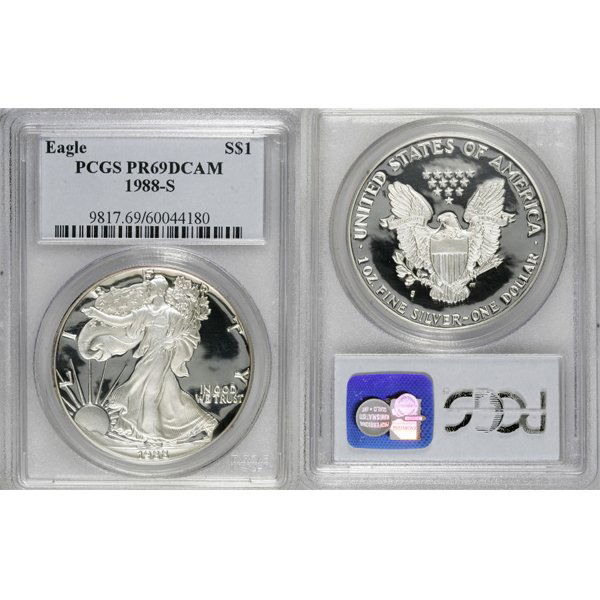 1988-S $1 Proof Silver Eagle PR69DCAM PCGS: Deep Cameo Coin! 1988-S PR69DCAM PCGS Proof Silver American Eagle Bullion Coin by The United States Mint. The Proof Silver Eagle Coin Has a Legal Tender Value of $1 and Contains 1 Oz of .999 Fine Silv