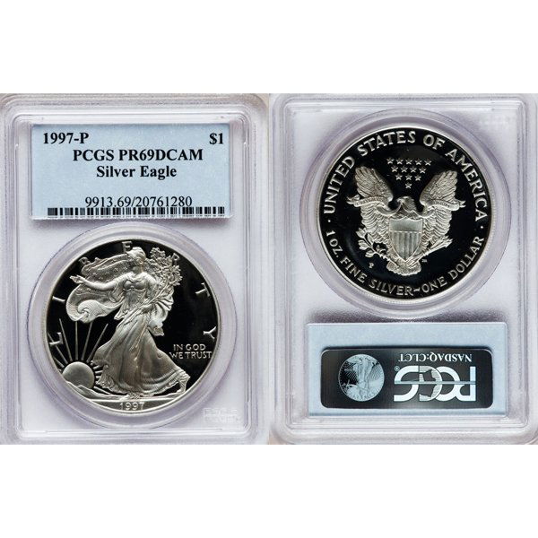 1997-P $1 Proof Silver Eagle PR69DCAM PCGS: Deep Cameo Coin! 1997-P PR69DCAM PCGS Proof Silver American Eagle Bullion Coin by The United States Mint. The Proof Silver Eagle Coin Has a Legal Tender Value of $1 and Contains 1 Oz of .999 Fine Silv