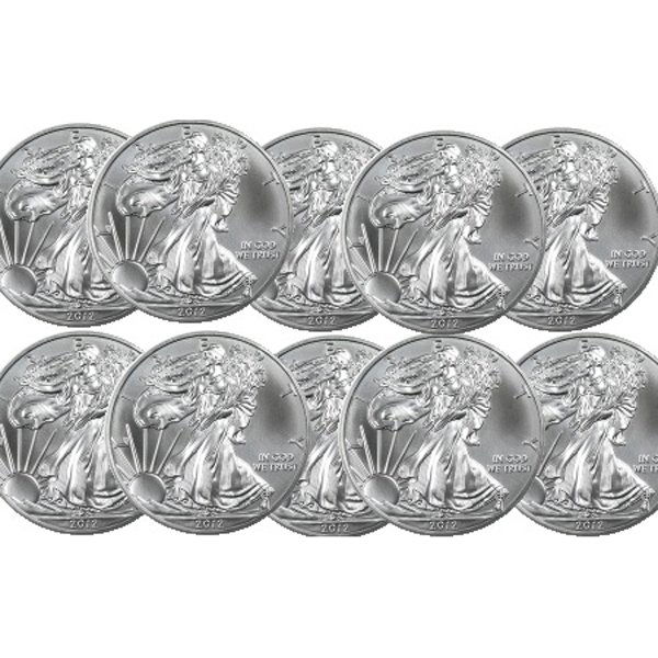 (10) 2012 Silver Eagles - Brilliant Uncirculated: Brand New 2012 Silver American Eagle (10-Coin Set) by The United States Mint. Each Silver Eagle Coin Has a Legal Tender Value of $1 and Contains 1 Oz of .999 Fine Silver. Comes in Brilliant Uncirculat
