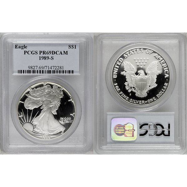 1989-S $1 Proof Silver Eagle PR69DCAM PCGS: Deep Cameo Coin! 1989-S PR69DCAM PCGS Proof Silver American Eagle Bullion Coin by The United States Mint. The Proof Silver Eagle Coin Has a Legal Tender Value of $1 and Contains 1 Oz of .999 Fine Silv