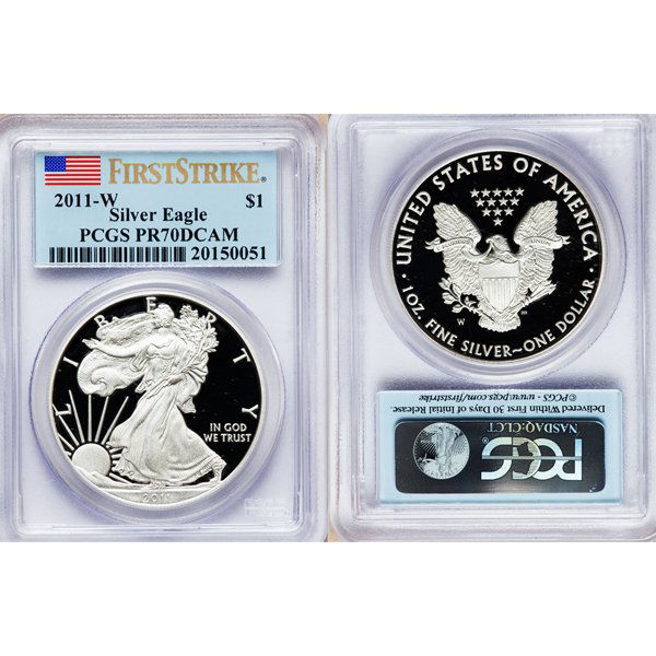 2011-W $1 Proof Silver Eagle First Strike PR70DCAM PCGS: Perfect 70 Deep Cameo First Strike Coin! Brand New 2011-W First Strike PR70DCAM PCGS Proof Silver American Eagle Bullion Coin by The United States Mint. The Proof Silver Eagle Coin Has a Legal Tender