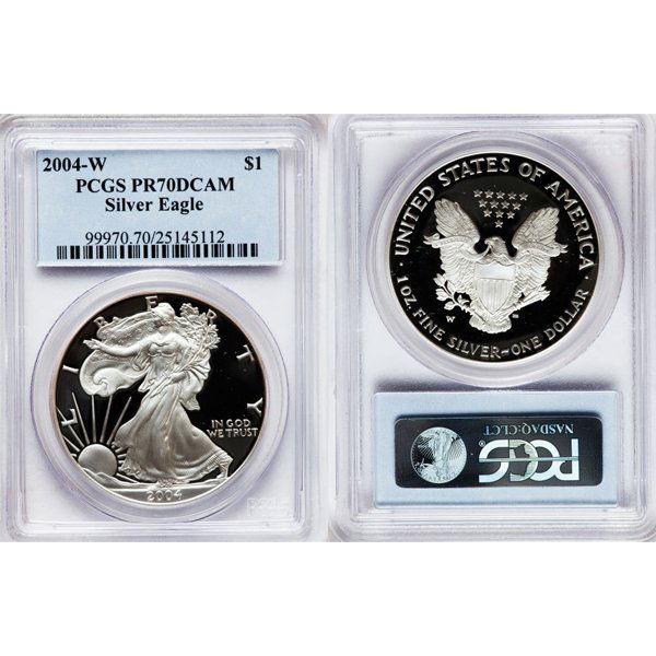 2004-W $1 Proof Silver Eagle PR70DCAM PCGS: Perfect 70 Deep Cameo Coin! 2004-W PR70DCAM PCGS Proof Silver American Eagle Bullion Coin by The United States Mint. The Proof Silver Eagle Coin Has a Legal Tender Value of $1 and Contains 1 Oz of .99