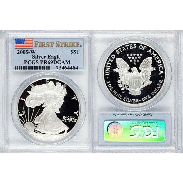 2005-W $1 Proof Silver Eagle FS PR69DCAM PCGS: Deep Cameo Coin! 2005-W First Strike PR69DCAM PCGS Proof Silver American Eagle Bullion Coin by The United States Mint. The Proof Silver Eagle Coin Has a Legal Tender Value of $1 and Contains 1 Oz of .