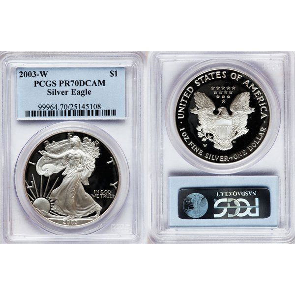 2003-W $1 Proof Silver Eagle PR70DCAM PCGS: Perfect 70 Deep Cameo Coin! 2003-W PR70DCAM PCGS Proof Silver American Eagle Bullion Coin by The United States Mint. The Proof Silver Eagle Coin Has a Legal Tender Value of $1 and Contains 1 Oz of .99