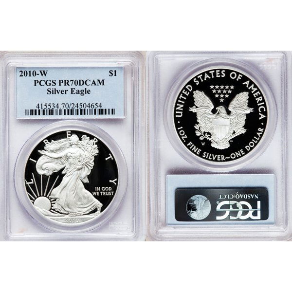 2010-W $1 Proof Silver Eagle PR70DCAM PCGS: Perfect 70 Deep Cameo Coin! 2010-W PR70DCAM PCGS Proof Silver American Eagle Bullion Coin by The United States Mint. The Proof Silver Eagle Coin Has a Legal Tender Value of $1 and Contains 1 Oz of .99