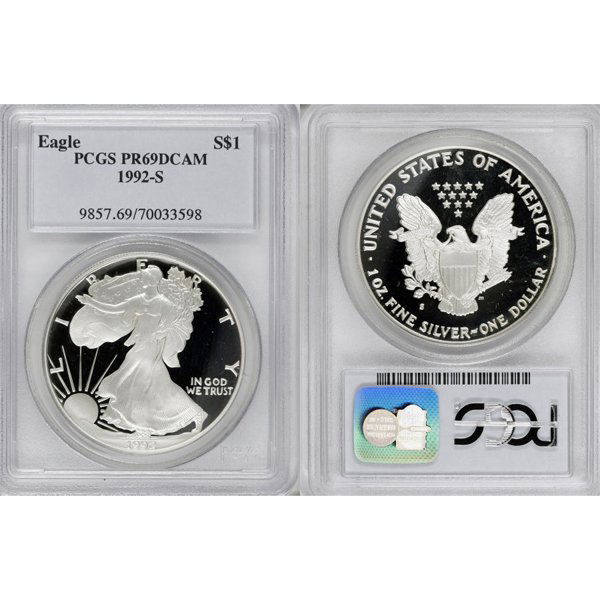 1992-S $1 Proof Silver Eagle PR69DCAM PCGS: Deep Cameo Coin! 1992-S PR69DCAM PCGS Proof Silver American Eagle Bullion Coin by The United States Mint. The Proof Silver Eagle Coin Has a Legal Tender Value of $1 and Contains 1 Oz of .999 Fine Silv