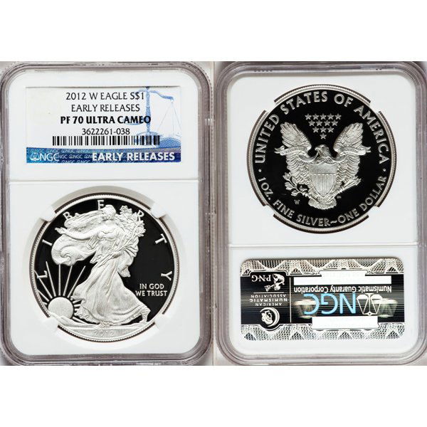 2012-W $1 1 Oz Proof Silver Eagle ER PF70 NGC: Perfect 70 Ultra Cameo Coin! Brand New 2012-W Early Release PF70 NGC Proof Silver American Eagle Bullion Coin by The United States Mint. The Proof Silver Eagle Coin Has a Legal Tender Value of $1 and