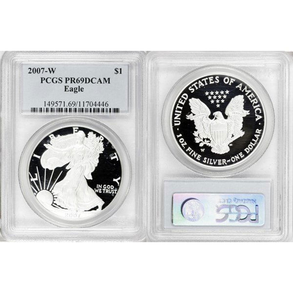 2007-W $1 Proof Silver Eagle PR69DCAM PCGS: Deep Cameo Coin! 2007-W PR69DCAM PCGS Proof Silver American Eagle Bullion Coin by The United States Mint. The Proof Silver Eagle Coin Has a Legal Tender Value of $1 and Contains 1 Oz of .999 Fine Silv