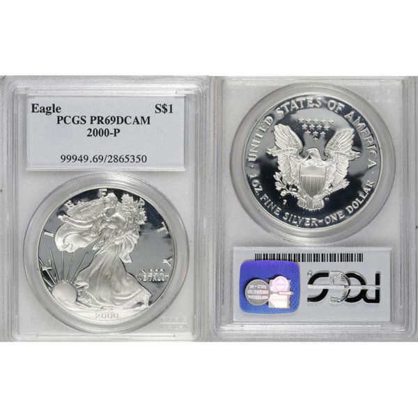 2000-P $1 Proof Silver Eagle PR69DCAM PCGS: Deep Cameo Coin! 2000-P PR69DCAM PCGS Proof Silver American Eagle Bullion Coin by The United States Mint. The Proof Silver Eagle Coin Has a Legal Tender Value of $1 and Contains 1 Oz of .999 Fine Silv