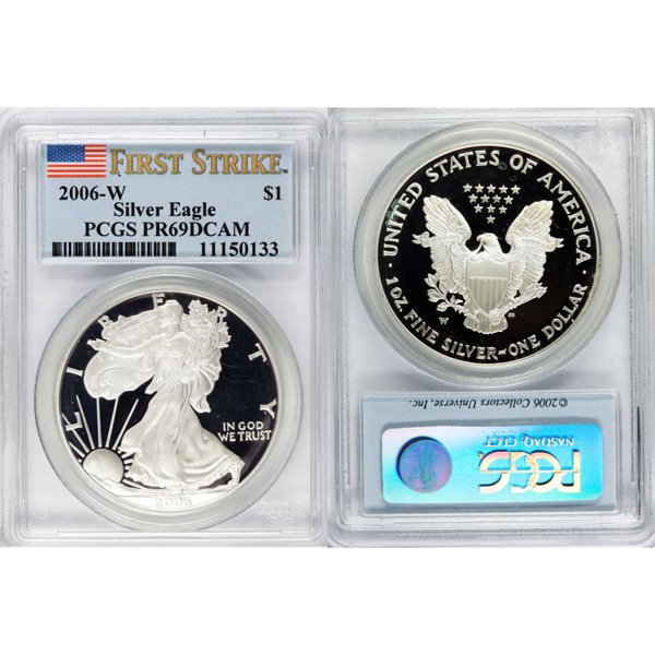 2006-W $1 Proof Silver Eagle FS PR69DCAM PCGS: Deep Cameo Coin! 2006-W First Strike PR69DCAM PCGS Proof Silver American Eagle Bullion Coin by The United States Mint. The Proof Silver Eagle Coin Has a Legal Tender Value of $1 and Contains 1 Oz of .