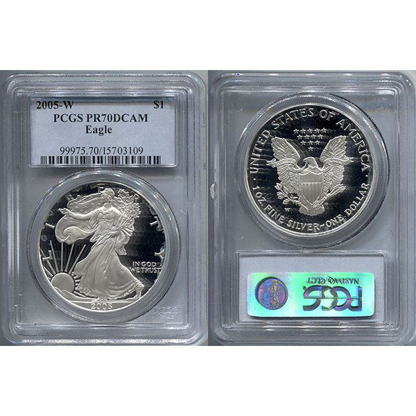 2005-W $1 Proof Silver Eagle PR70DCAM PCGS: Perfect 70 Deep Cameo Coin! 2005-W PR70DCAM PCGS Proof Silver American Eagle Bullion Coin by The United States Mint. The Proof Silver Eagle Coin Has a Legal Tender Value of $1 and Contains 1 Oz of .99