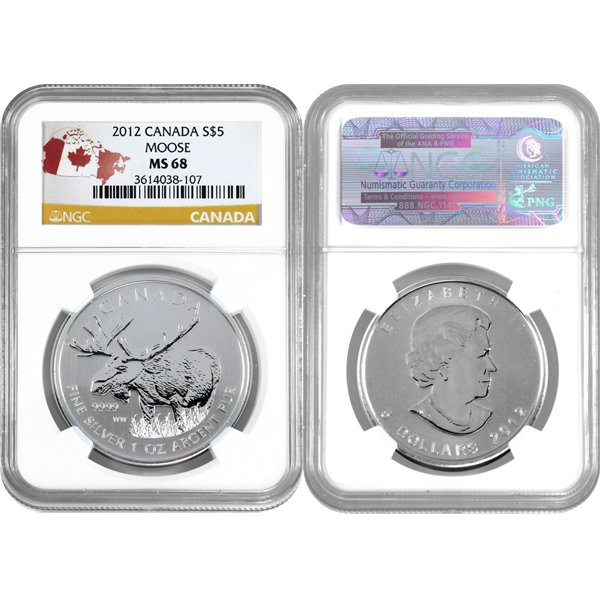 2012 1 Oz Canadian Silver Moose MS68 NGC: Brand New 2012 Country Label MS68 NGC Silver Moose ( Wildlife Series ) Coin by The Royal Canadian Mint. The Silver Moose Coin Has a Legal Tender Value of $5 Canadian Dollars and Contains 1 Oz of .9999