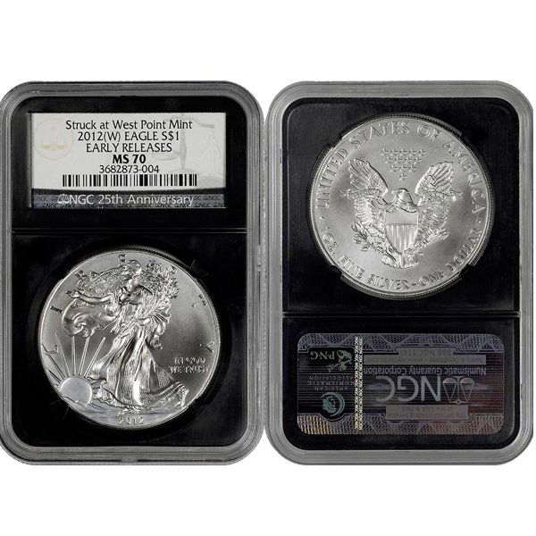 2012-(W) Silver Eagle Retro Holder ER MS69 NGC: In Celebration of its 25th Anniversary, NGC is Offering a Stunning Limited-Edition NGC Retro Holder and Special Label. 2012-(W) Struck at West Point Mint Early Releases MS69 NGC Silver American Eagle