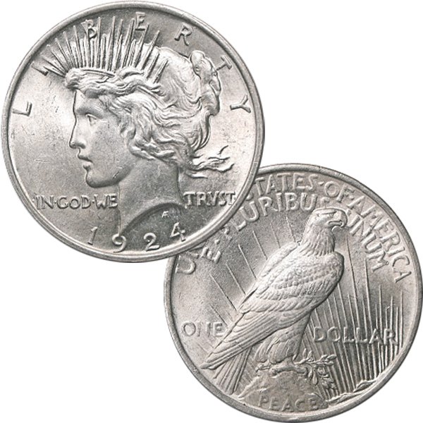 1924 $1 Peace Silver Dollar - Uncirculated: 1924 $1 Peace Silver Dollar by The United States Mint. Comes in Brilliant Uncirculated Condition (MS-60 to MS-63).