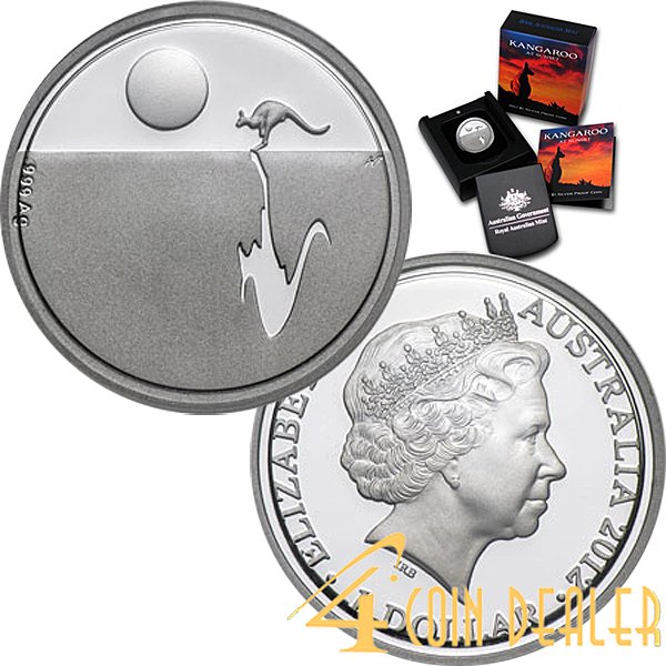 2012 Australian Proof Silver Kangaroo at Sunset: The 2012 6 gram Proof Silver Kangaroo features a lone kangaroo against the backdrop of a setting sun. The Ian Rank-Broadley profile of Her Majesty Queen Elizabeth II and the monetary denomination are 