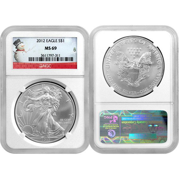 2012 Silver Eagle Snowman Label MS69 NGC: Special Snowman Label. 2012 MS69 NGC Silver American Eagle Bullion Coin by The United States Mint. The Silver Eagle Coin Has a Legal Tender Value of $1 and Contains 1 Oz of .999 Fine Silver.