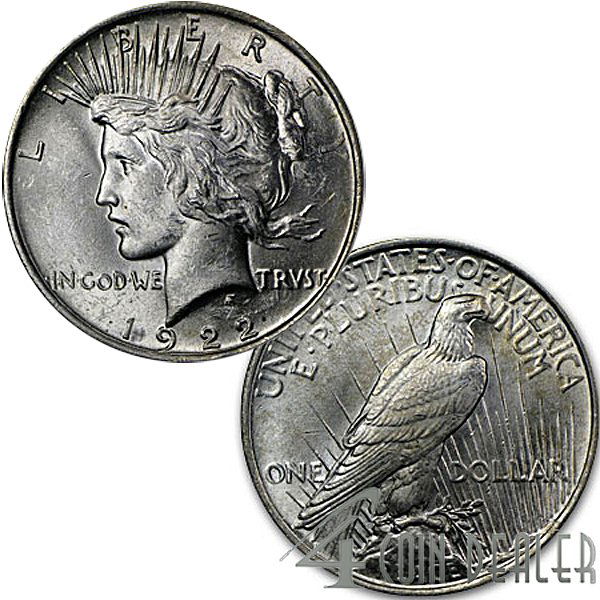 1922 $1 Peace Silver Dollar - Uncirculated: 1922 $1 Peace Silver Dollar by The United States Mint. Comes in Brilliant Uncirculated Condition (MS-60 to MS-63).