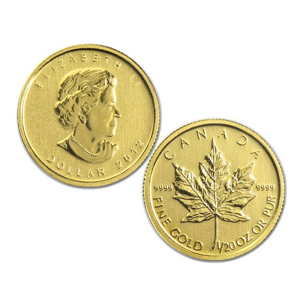1/20 Oz BU 24k Gold Canadian Maple Leaf - Random Date!: Gold Maple Leaf Bullion Coin by The Royal Canadian Mint. The Gold Maple Leaf Coin Has a Legal Tender Value of $1 Canadian Dollars and Contains 1/20 Oz of 24-Karat (.9999 Pure) Gold. Comes in Brilliant