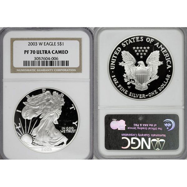 2003-W Proof Silver Eagle PF70 NGC: Perfect 70 Coins! 2003-W PF-70 NGC Proof Silver American Eagle Bullion Coin by The United States Mint. The Proof Silver Eagle Coin Has a Legal Tender Value of $1 and Contains 1 Oz of .999 Fine Silver.