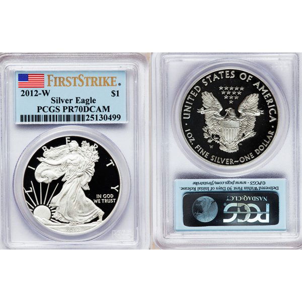 2012-W $1 Proof Silver Eagle FS PR70DCAM PCGS: Perfect 70 Deep Cameo First Strike Coin! Brand New 2012-W First Strike PR70DCAM PCGS Proof Silver American Eagle Bullion Coin by The United States Mint. The Proof Silver Eagle Coin Has a Legal Tender