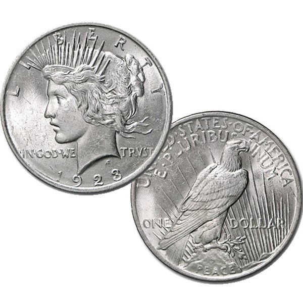 $1 Peace Silver Dollar - Uncirculated: $1 Peace Silver Dollar by The United States Mint. Comes in Brilliant Uncirculated Condition (MS-60 to MS-63). Dates are Based on in Stock Inventory and are Our Choice!