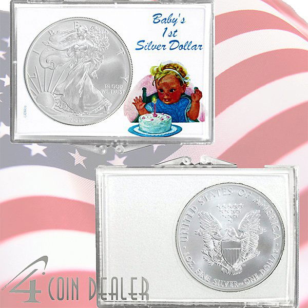 BU Silver Eagle - Babys 1st Silver Dollar Snaplock: Silver American Eagle - Babys 1st Silver Dollar Snaplock Display Case. The Silver Eagle Coin Has a Legal Tender Value of $1 and Contains 1 Oz of .999 Fine Silver. Dates are Based on in Stock Inventory