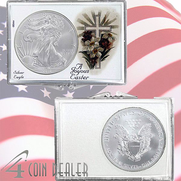 BU Silver Eagle - Easter Cross Snaplock: Silver American Eagle - Easter Cross Snaplock Display Case. The Silver Eagle Coin Has a Legal Tender Value of $1 and Contains 1 Oz of .999 Fine Silver. Dates are Based on in Stock Inventory and are Ou
