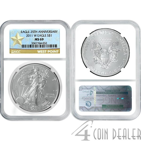 2011-W Burnished Eagle 25th Ann Star Label MS69 NGC: Special Star Label. 2011-W 25th Anniversary MS69 NGC Burnished Silver American Eagle Bullion Coin by The United States Mint. The Silver Eagle Coin Has a Legal Tender Value of $1 and Contains 1 Oz of .