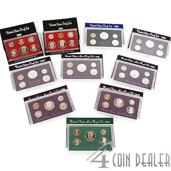 (10) Proof Sets 1980,81,83,84,87,88,89,90,93,1994: 10 Different Proof Sets. A Proof is a Gleaming Coin with Sharp Details Made by the United States Mint. This 10 Year Collection Includes: 1980, 1981, 1983, 1984, 1987, 1988, 1989, 1990, 1993 and 1994.