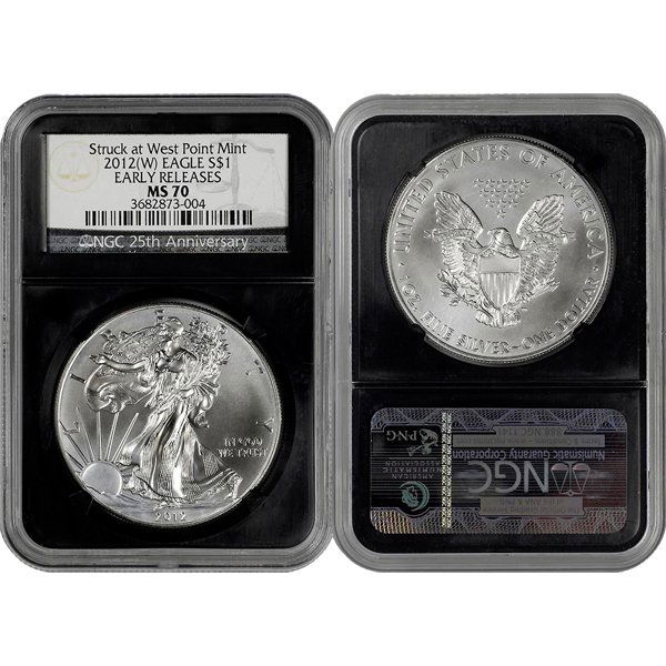 2012-(W) Silver Eagle Retro Holder ER MS70 NGC: In Celebration of its 25th Anniversary, NGC is Offering a Stunning Limited-Edition NGC Retro Holder and Special Label. 2012-(W) Struck at West Point Mint Early Releases MS70 NGC Silver American Eagle