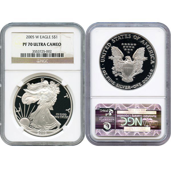 2005-W 1 Oz Proof Silver Eagle PF70 NGC: Perfect 70 Coins. 2005-W PF70 NGC Proof Silver American Eagle Bullion Coin by The United States Mint. The Proof Silver Eagle Coin Has a Legal Tender Value of $1 and Contains 1 Oz of .999 Fine Silver.