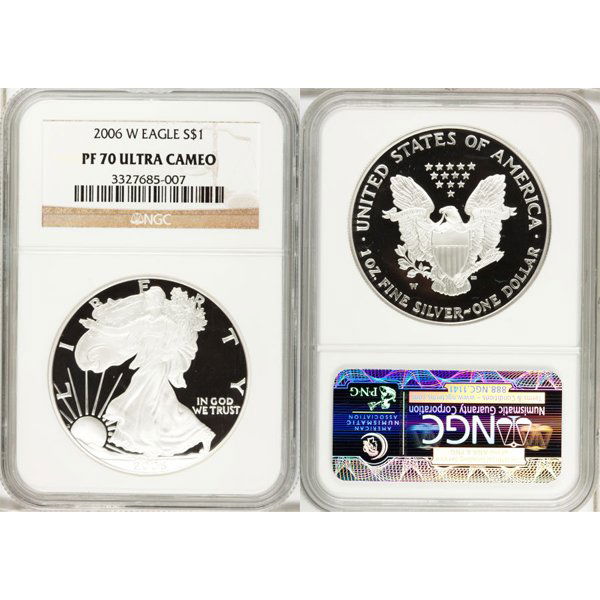 2006-W Proof Silver Eagle PF70 NGC: Perfect 70 Coins! 2006-W PF70 NGC Proof Silver American Eagle Bullion Coin by The United States Mint. The Proof Silver Eagle Coin Has a Legal Tender Value of $1 and Contains 1 Oz of .999 Fine Silver.