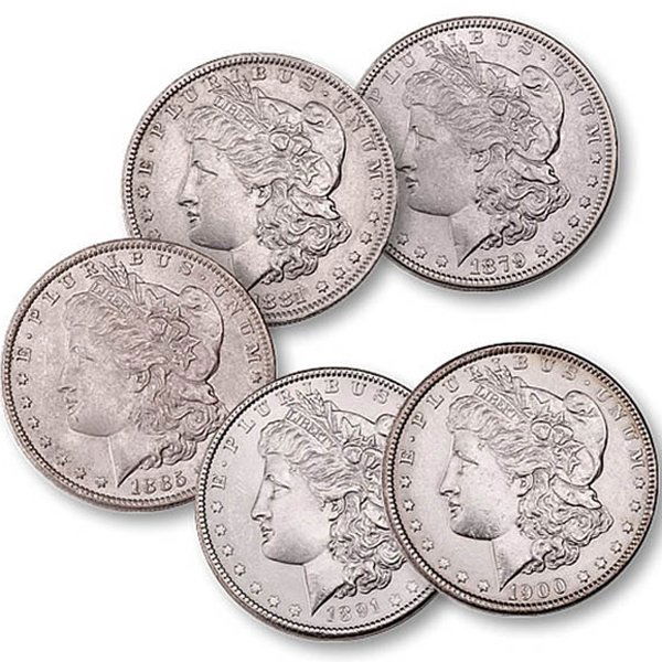 (5) Morgan Silver Dollars: 5 (Five) Morgan Silver Dollars by The United States Mint. 5-Coin Set Comes in AG (Almost Good) to VF (Very Fine) Condition. Dates are Based on in Stock Inventory and are Our Choice!