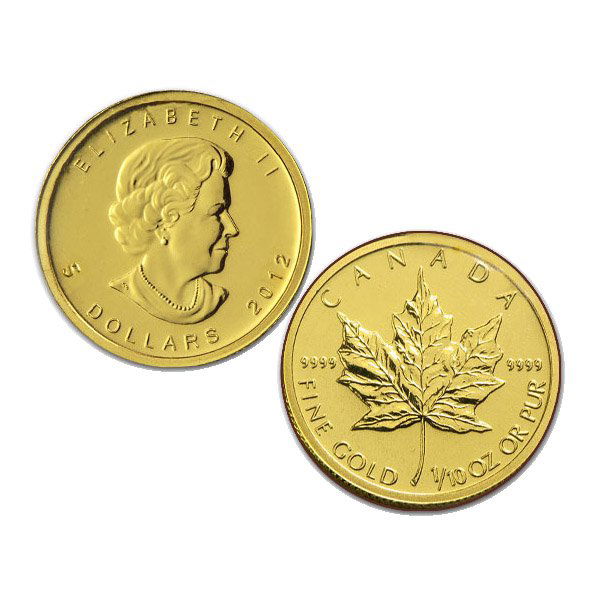 1/10 Oz BU 24k Gold Canadian Maple Leaf - Random Date!: Gold Maple Leaf Bullion Coin by The Royal Canadian Mint. The Gold Maple Leaf Coin Has a Legal Tender Value of $5 Canadian Dollars and Contains 1/10 Oz of 24-Karat (.9999 Pure) Gold. Comes in Brilliant