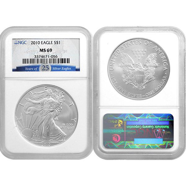 2010 Eagle MS69 NGC - 25 Years of Silver Eagles: 25 Years of Silver Eagles Label. 2010 MS69 NGC Silver American Eagle Bullion Coin by The United States Mint. The Silver Eagle Coin Has a Legal Tender Value of $1 and Contains 1 Oz of .999 Fine Silver.