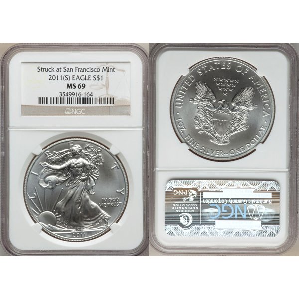 2011-(S) Struck at San Francisco Eagle MS69 NGC: 2011-(S) Struck at San Francisco Mint MS69 NGC Silver American Eagle Bullion Coin by The United States Mint. The Silver Eagle Coin Has a Legal Tender Value of $1 and Contains 1 Oz of .999 Fine Silver.