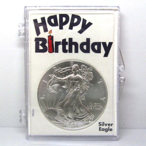 BU Silver Eagle - Happy Birthday Candle Snap Lock: 1 Oz Silver American Eagle Happy Birthday Candle Snap Lock Display Case. The Silver Eagle Coin Has a Legal Tender Value of $1 and Contains 1 Oz of .999 Fine Silver. Dates are Based on in Stock Invento
