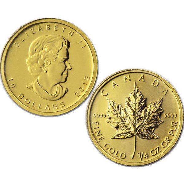 1/4 Oz BU 24k Gold Canadian Maple Leaf - Random Date!: Gold Maple Leaf Bullion Coin by The Royal Canadian Mint. The Gold Maple Leaf Coin Has a Legal Tender Value of $10 Canadian Dollars and Contains 1/4 Oz of 24-Karat (.9999 Pure) Gold. Comes in Brilliant