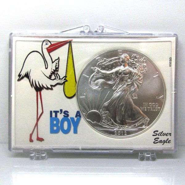 BU Silver Eagle - Its a Boy Snap Lock Display Case: 1 Oz Silver American Eagle Its a Boy Snap Lock Display Case. The Silver Eagle Coin Has a Legal Tender Value of $1 and Contains 1 Oz of .999 Fine Silver. Dates are Based on in Stock Inventory and are O