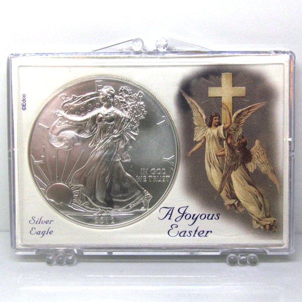 BU Silver Eagle - Easter Angel Snap Lock: 1 Oz Silver American Eagle Easter Angel Snap Lock Display Case. The Silver Eagle Coin Has a Legal Tender Value of $1 and Contains 1 Oz of .999 Fine Silver. Dates are Based on in Stock Inventory and ar