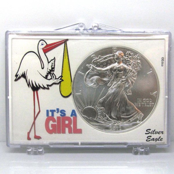 BU Silver Eagle - Its a Girl Stork Snap Lock: 1 Oz Silver American Eagle - Its a Girl Snap Lock Display Case. The Silver Eagle Coin Has a Legal Tender Value of $1 and Contains 1 Oz of .999 Fine Silver. Dates are Based on in Stock Inventory and ar