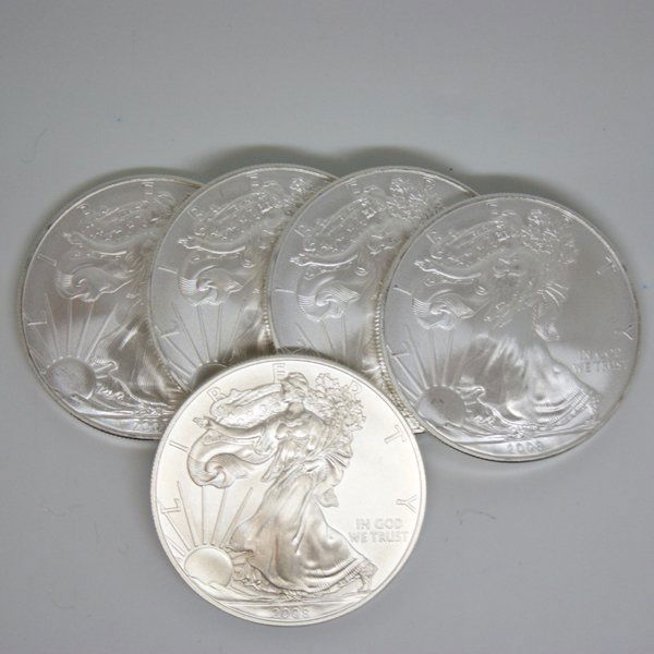 (5) Silver American Eagles - Brilliant Uncirculated: Silver American Eagle (5-Coin Set) by The United States Mint. Each Silver Eagle Coin Has a Legal Tender Value of $1 and Contains 1 Oz of .999 Fine Silver. Comes in Brilliant Uncirculated Condition. Da