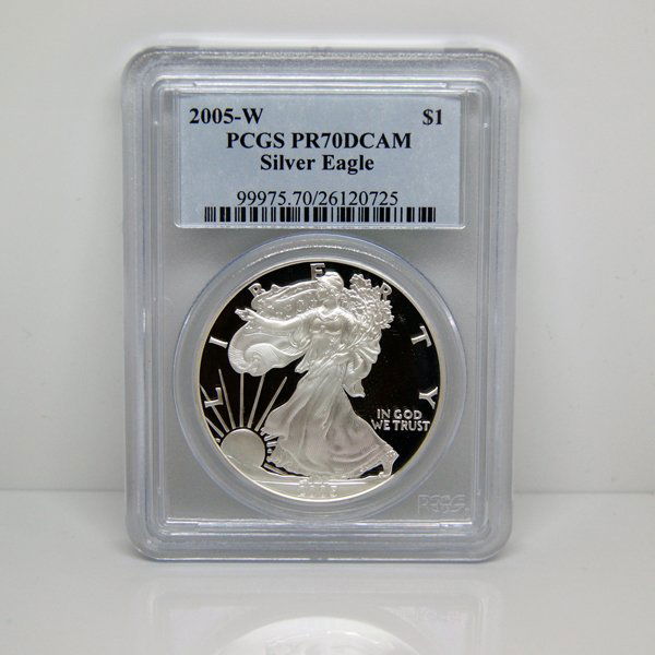 2005-W $1 Proof Silver Eagle PR70 PCGS: Perfect 70 Deep Cameo Coin! 2005-W PR70DCAM PCGS Proof Silver American Eagle Bullion Coin by The United States Mint. The Proof Silver Eagle Coin Has a Legal Tender Value of $1 and Contains 1 Oz of .99