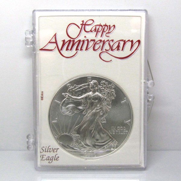 BU Silver Eagle - Happy Anniversary Snap Lock: 1 Oz Silver American Eagle Happy Anniversary Snap Lock Display Case. The Silver Eagle Coin Has a Legal Tender Value of $1 and Contains 1 Oz of .999 Fine Silver. Dates are Based on in Stock Inventory a