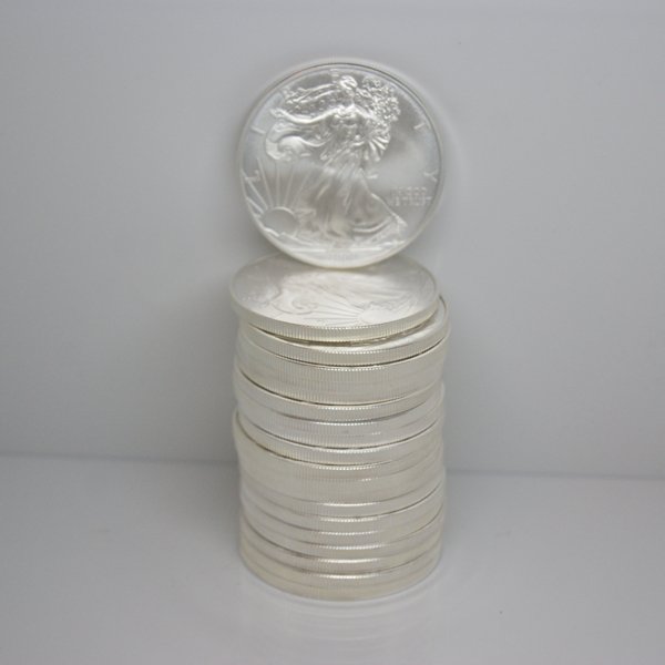 (20) Silver American Eagles - Brilliant Uncirculated: 20 (Twenty) Silver American Eagle Coins by The United States Mint. Each Silver Eagle Coin Has a Legal Tender Value of $1 (One Dollar) and Contains 1 Oz of .999 Fine Silver. 1 (One) Unopened Roll of 20