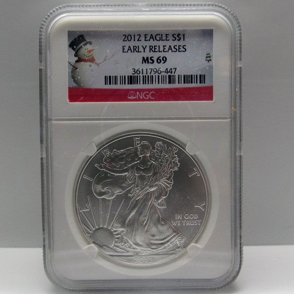 2012 Eagle Early Releases MS69 NGC - Snowman: Special Snowman Label. 2012 Early Releases MS69 NGC Silver American Eagle Bullion Coin by The United States Mint. The Silver Eagle Coin Has a Legal Tender Value of $1 and Contains 1 Oz of .999 Fine Si